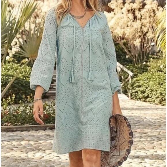Sundance Womens Coastland Dress XS Aqua Eyelet Boho Cotton Peasant Tasseled - Picture 1 of 9
